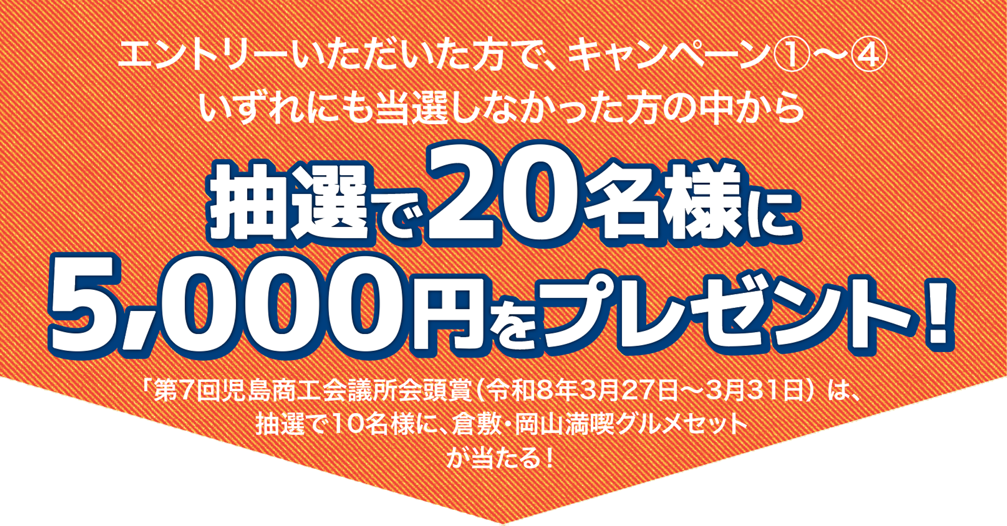 エントリーいただいた方で、キャンペーン①～③のいずれにも当選しなかった方の中から抽選で20名様に5,000円をプレゼント!